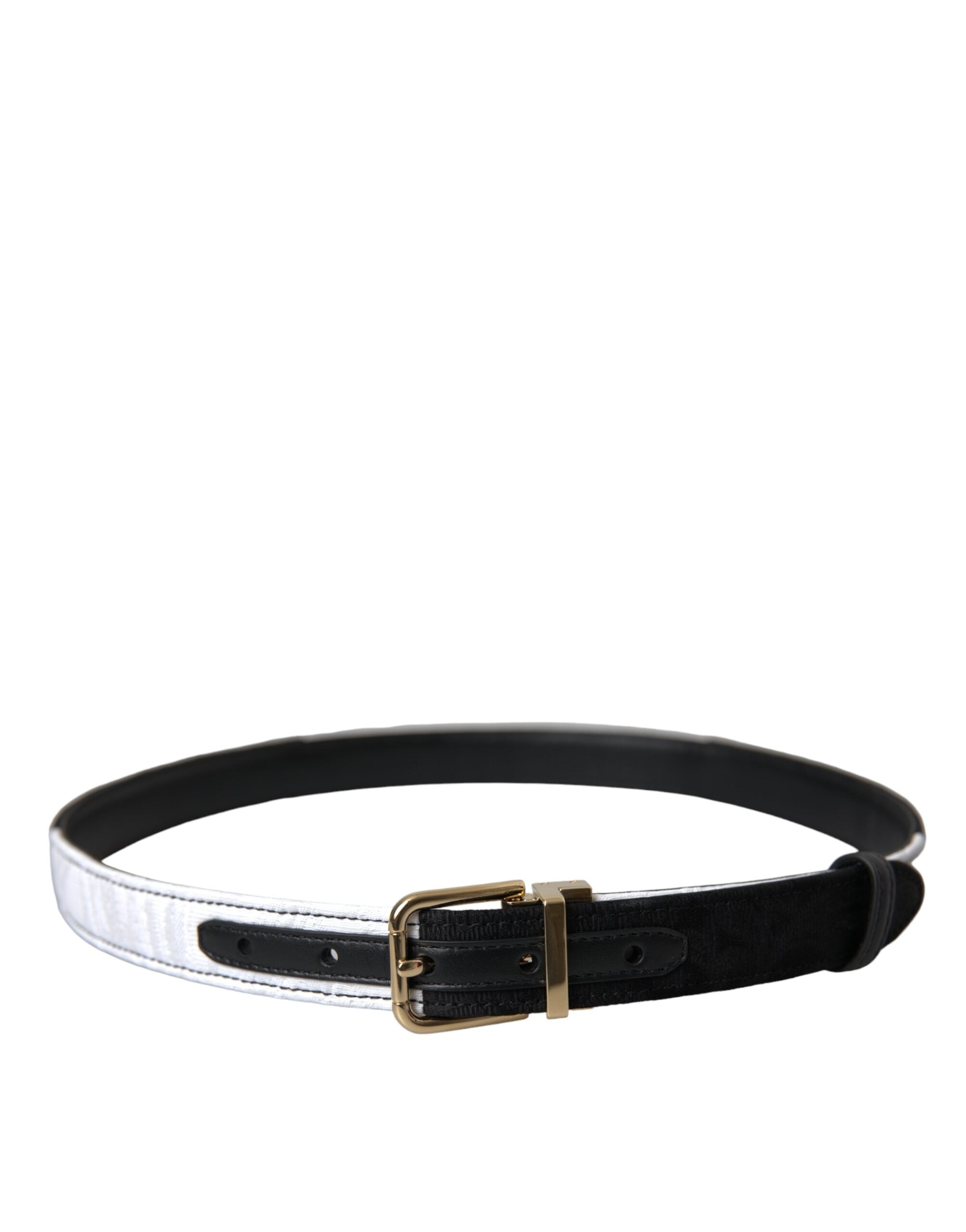 Black and white patchwork Dolce & Gabbana belt with gold metal buckle, stylish accessory with contrasting design and elegant details.
