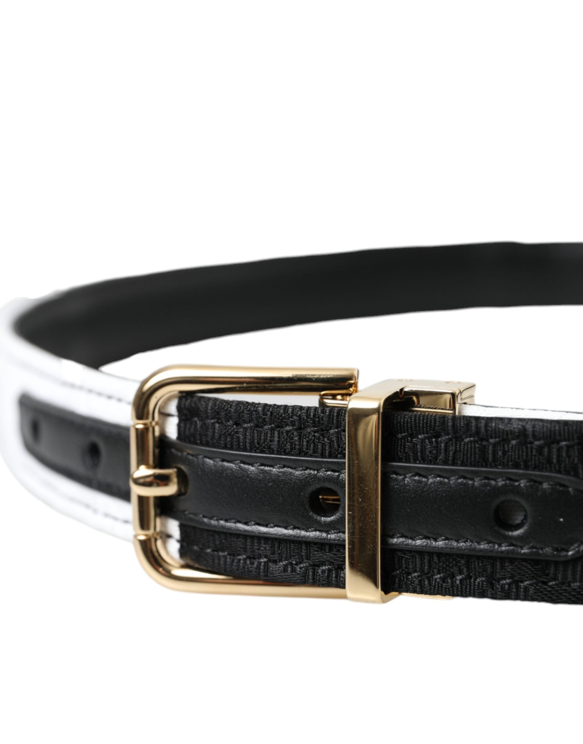 Black and white patchwork leather belt with a gold metal buckle from Dolce & Gabbana.
