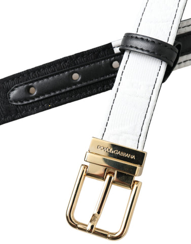 Black and white patchwork leather belt with gold metal buckle from Dolce & Gabbana, showcasing intricate design and premium craftsmanship.