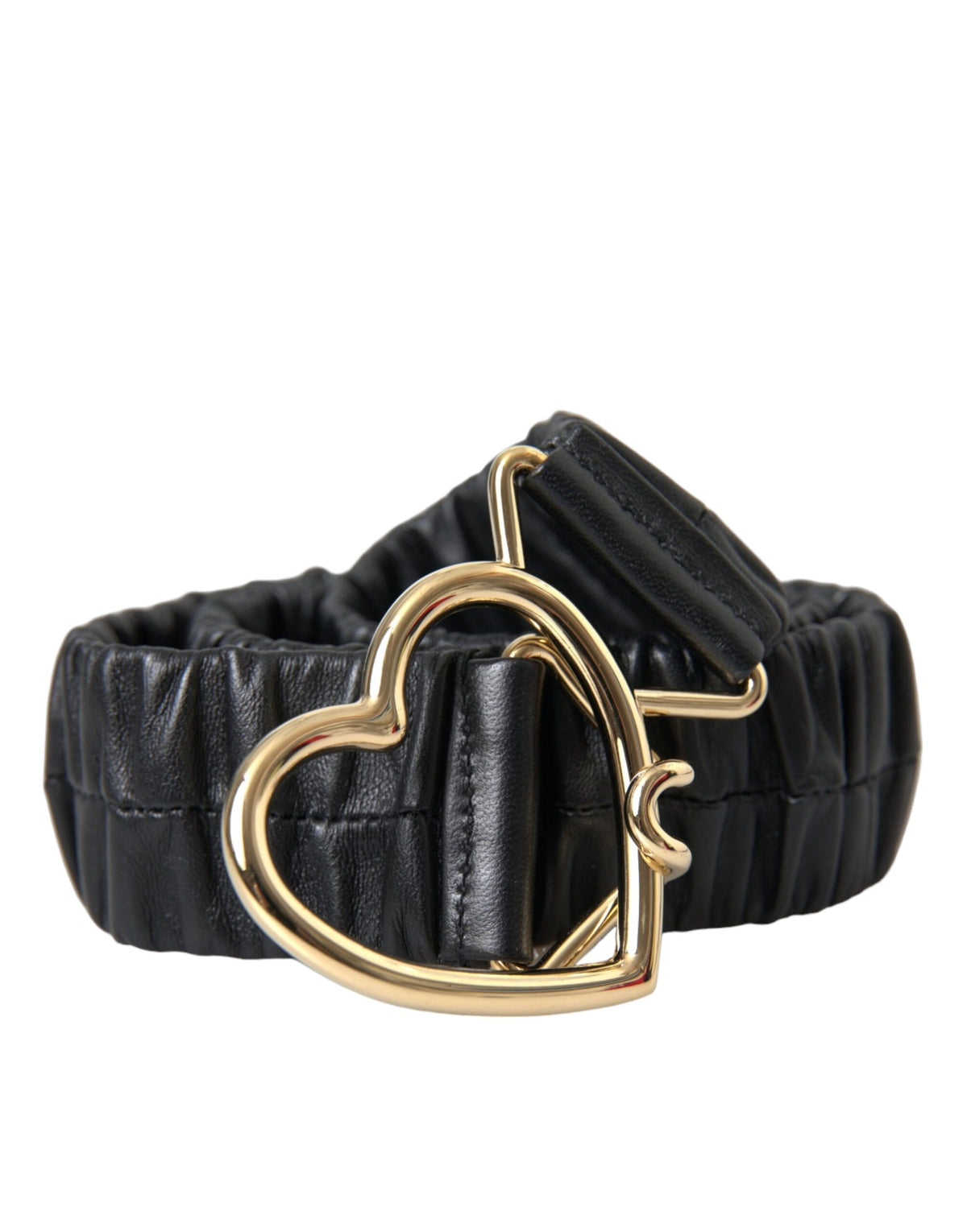 Black leather belt with gold heart-shaped metal buckle from Dolce & Gabbana, featuring a sleek and stylish design.
