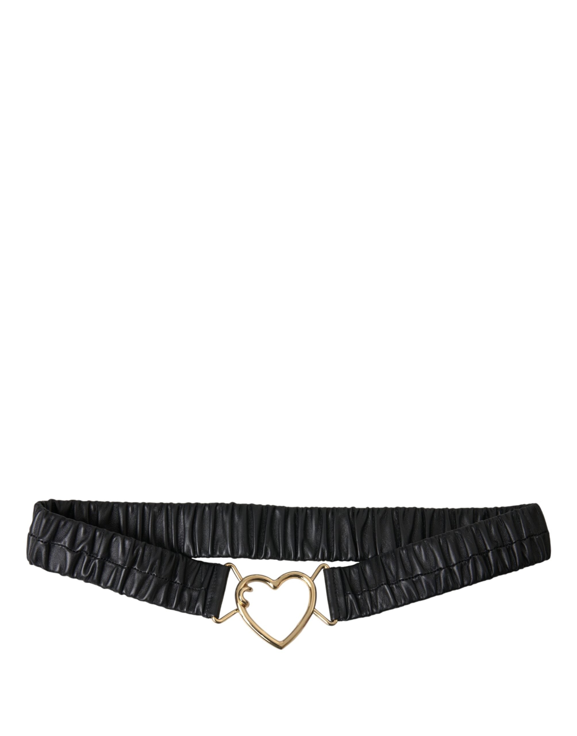 Black leather belt with gold heart-shaped metal buckle from Dolce & Gabbana, featuring a stylish design and adjustable fit.