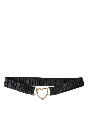 Black leather belt with gold heart-shaped metal buckle from Dolce & Gabbana, featuring a stylish design and adjustable fit.