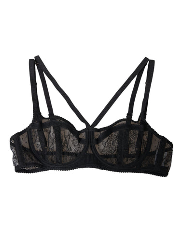 Black floral lace nylon balconette bra by Dolce & Gabbana, featuring delicate floral lace details and supportive design.