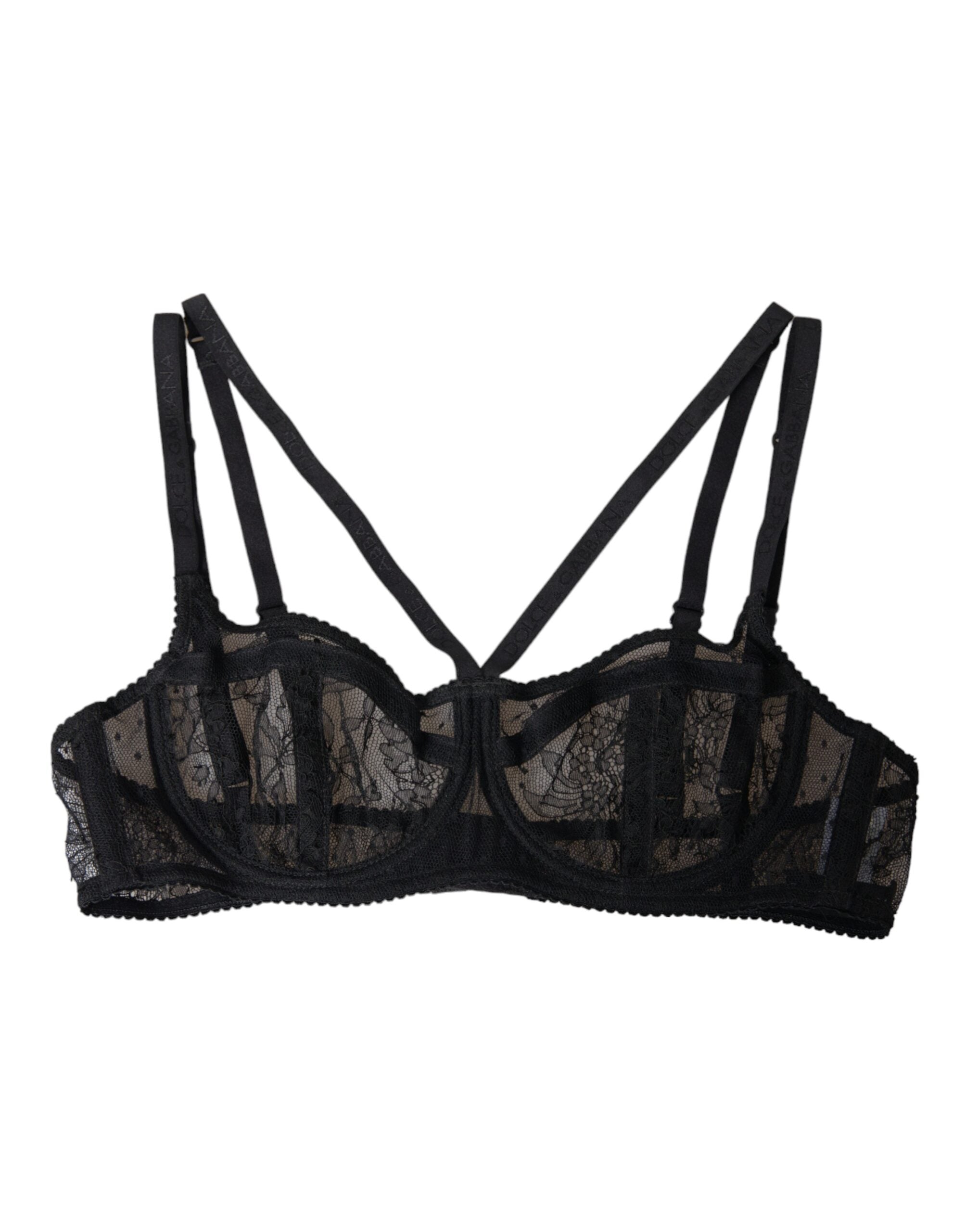 Black floral lace nylon balconette bra from Dolce & Gabbana with intricate lace details and supportive design.