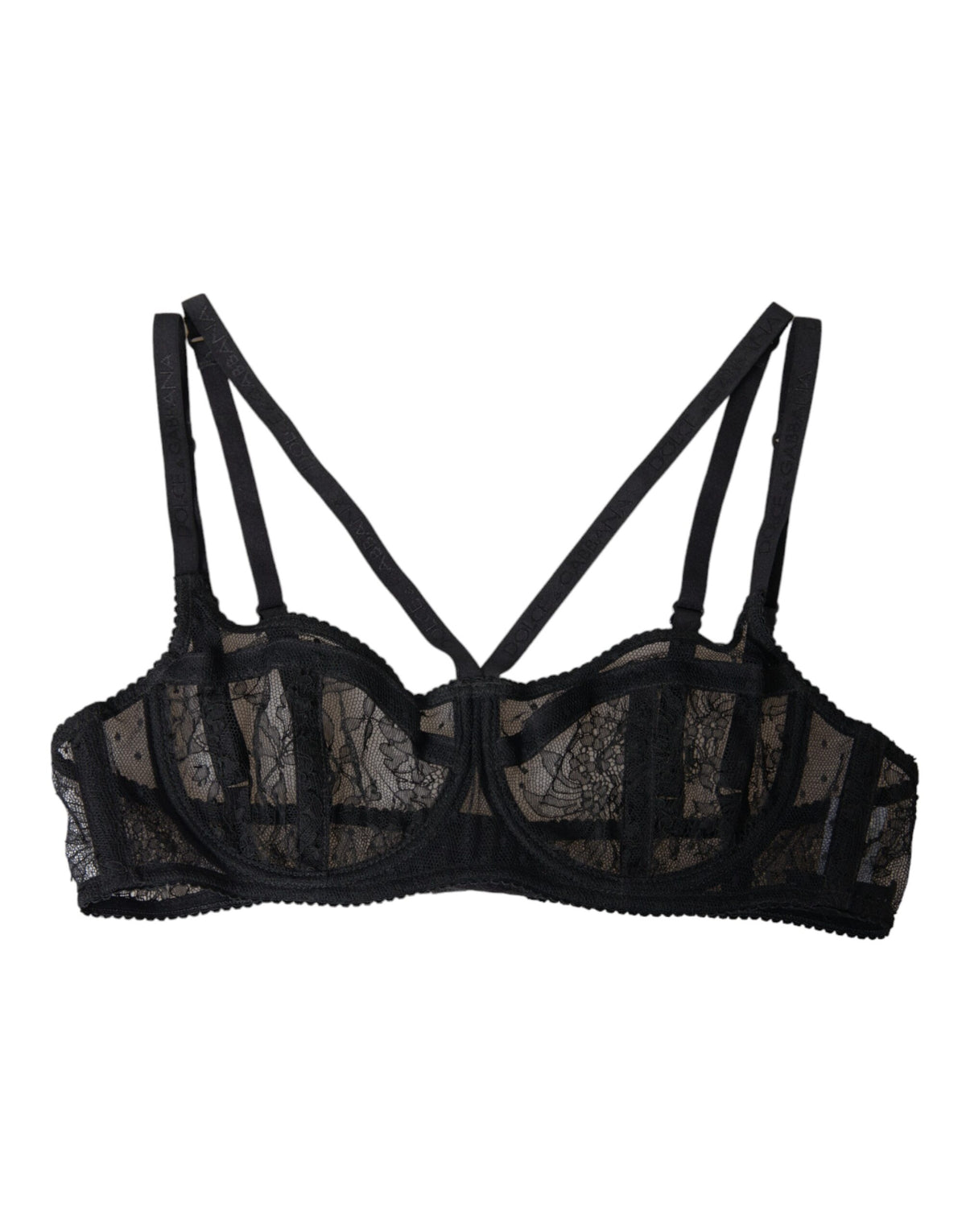 Black floral lace nylon balconette bra from Dolce & Gabbana with intricate lace details and supportive design.