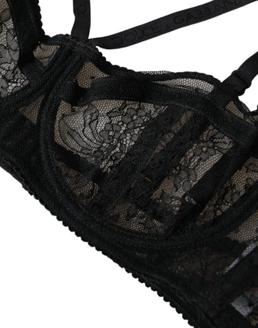 Black floral lace nylon balconette bra by Dolce & Gabbana with delicate lace details and supportive design.