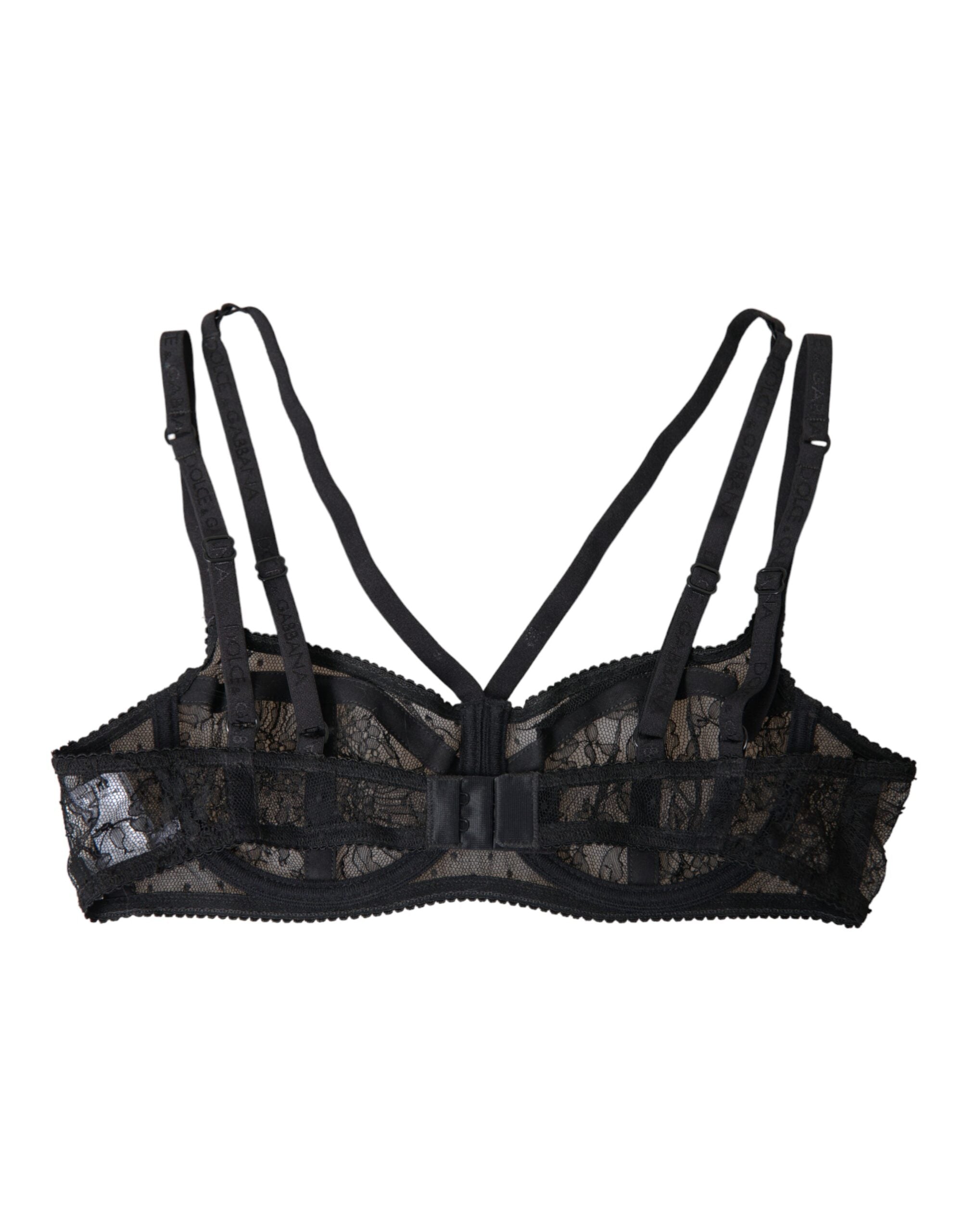 Black floral lace nylon balconette bra from Dolce & Gabbana, with delicate lace details and supportive underband.