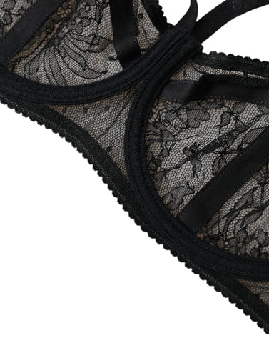 Black floral lace nylon balconette bra from Dolce & Gabbana with delicate lace details and supportive design.