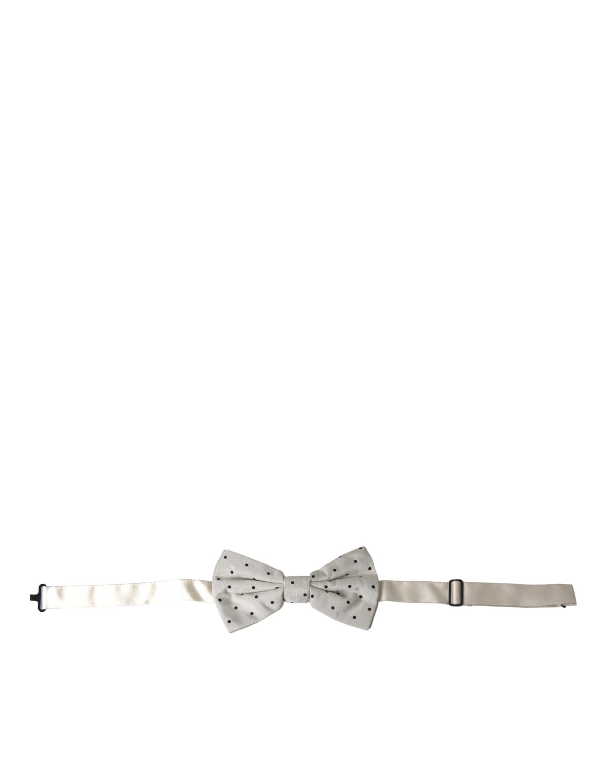 White and black polka dot polyester bow tie for men by Dolce & Gabbana, shown in close-up with detailed fabric texture.