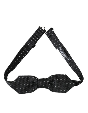 Dark Gray White Stitched Silk Men Neck Bow Tie