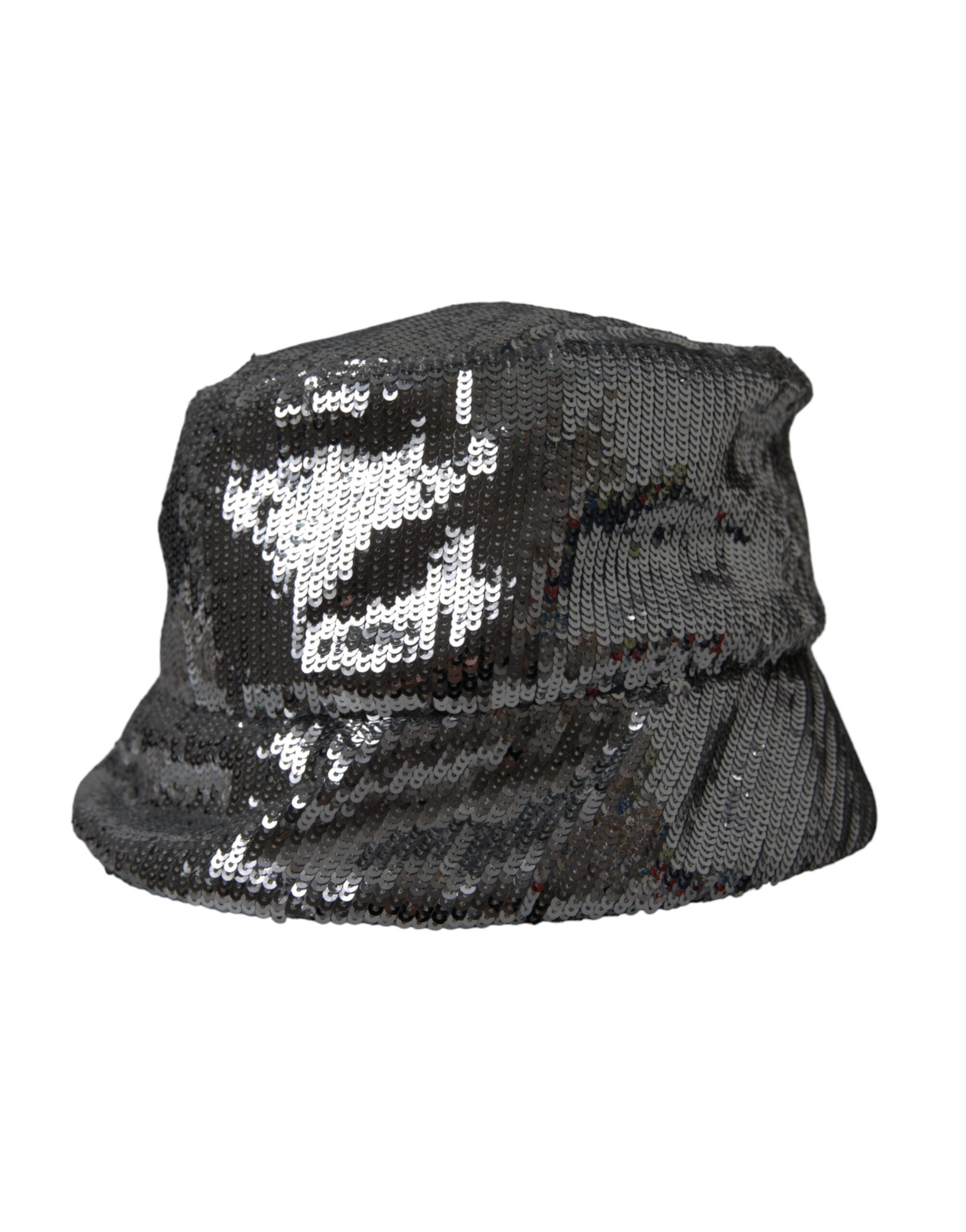 Silver sequined nylon bucket hat for men by Dolce & Gabbana, featuring a stylish, shiny design and a wide brim.