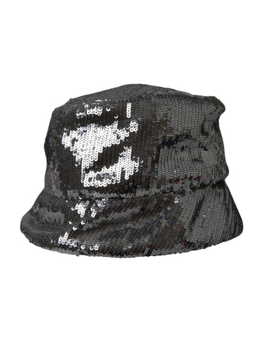 Silver sequined nylon bucket hat for men by Dolce & Gabbana, featuring a stylish, shiny design and a wide brim.