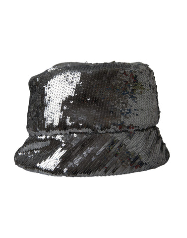 Silver sequined nylon bucket hat for men by Dolce & Gabbana, featuring a shiny, stylish design with a wide brim.