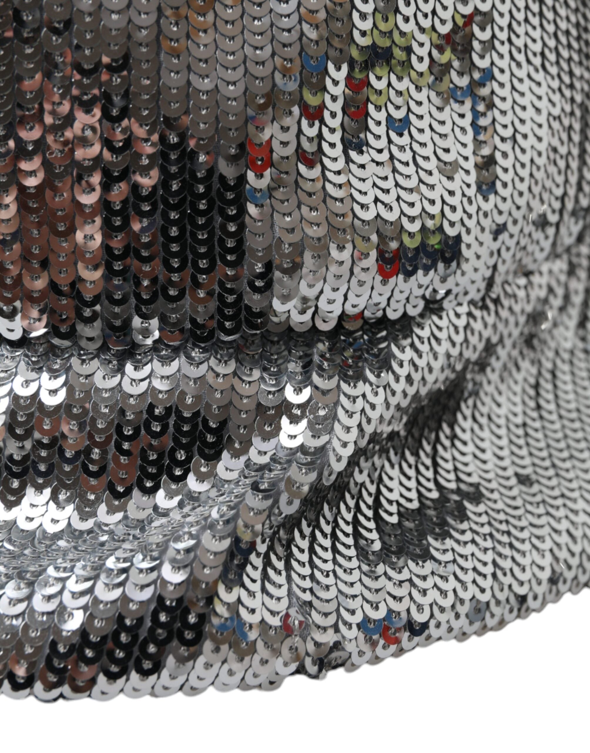 Silver sequined nylon bucket hat for men by Dolce & Gabbana, featuring a shiny, stylish design with a wide brim.