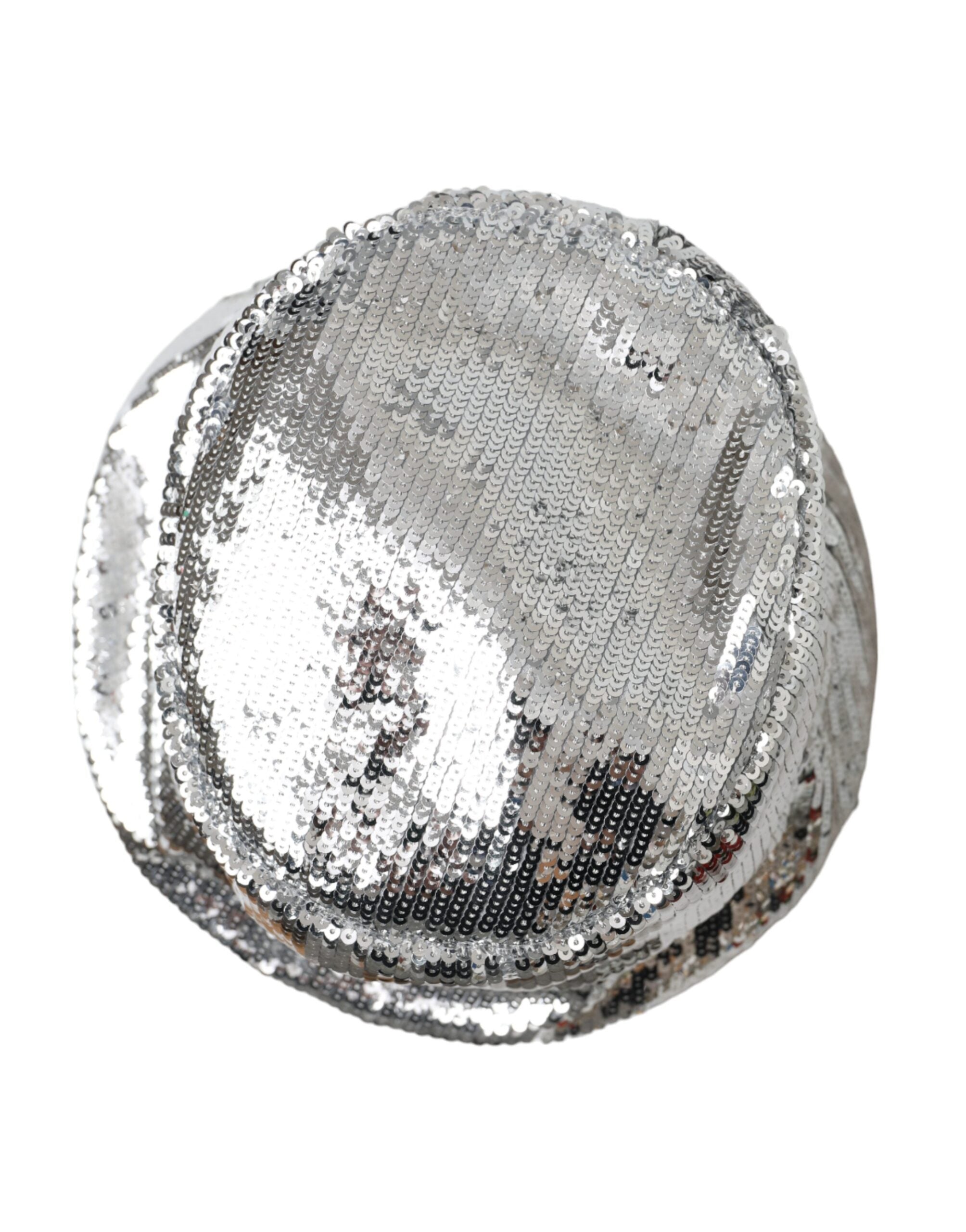 Silver sequined nylon bucket hat for men, stylish Dolce & Gabbana headwear with a shiny, eye-catching design.