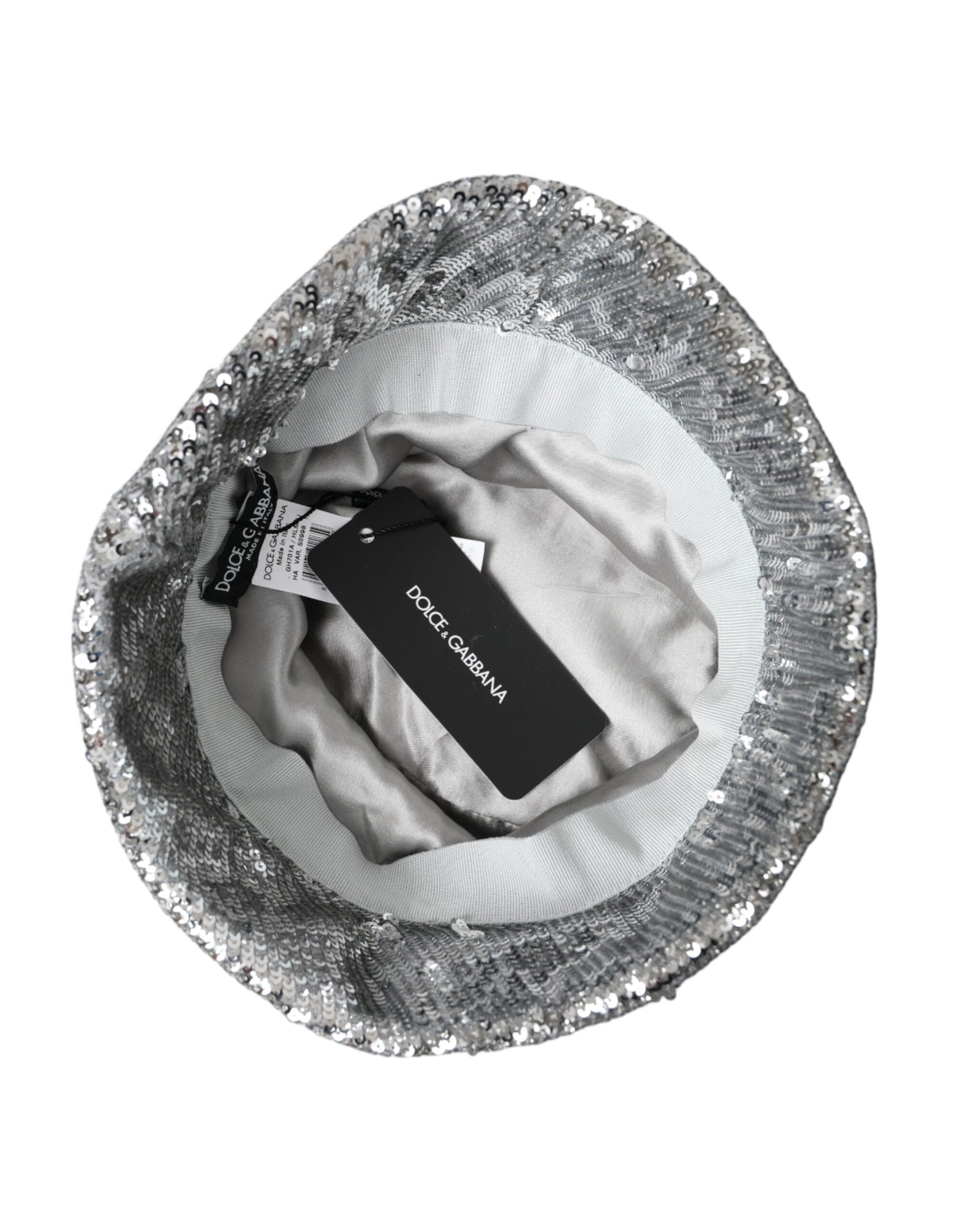 Silver sequined nylon bucket hat for men by Dolce & Gabbana, featuring a stylish sequined design and casual wide-brim style.