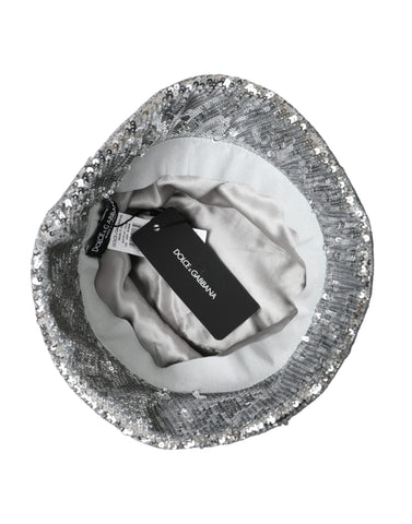 Silver sequined nylon bucket hat for men by Dolce & Gabbana, featuring a stylish sequined design and casual wide-brim style.