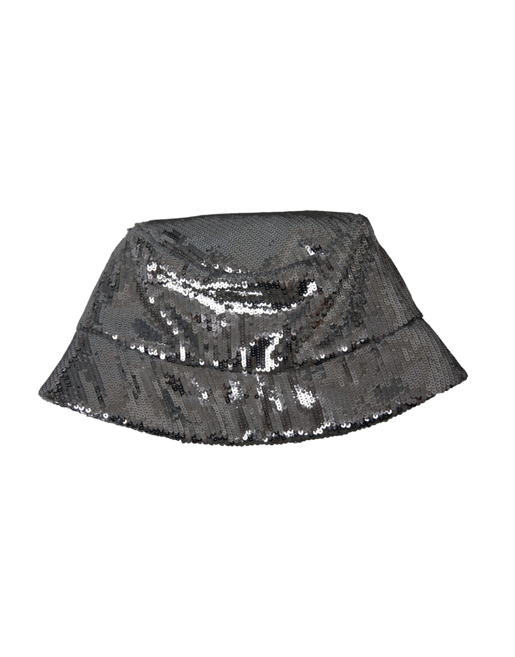 Silver sequined nylon bucket hat for men by Dolce & Gabbana, featuring a shiny, stylish design with a wide brim and casual fit.
