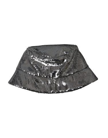 Silver sequined nylon bucket hat for men by Dolce & Gabbana, featuring a shiny, stylish design with a wide brim and casual fit.