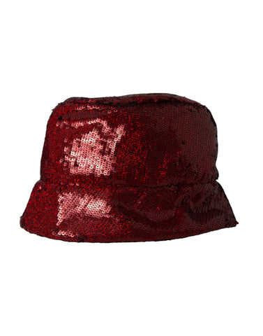 Red sequined nylon bucket hat for men by Dolce & Gabbana, showing a stylish shiny accessory with a wide brim and vibrant sparkle.
