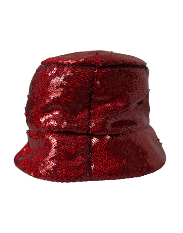 Red sequined nylon bucket hat for men by Dolce & Gabbana, featuring a shiny, stylish design with a wide brim.