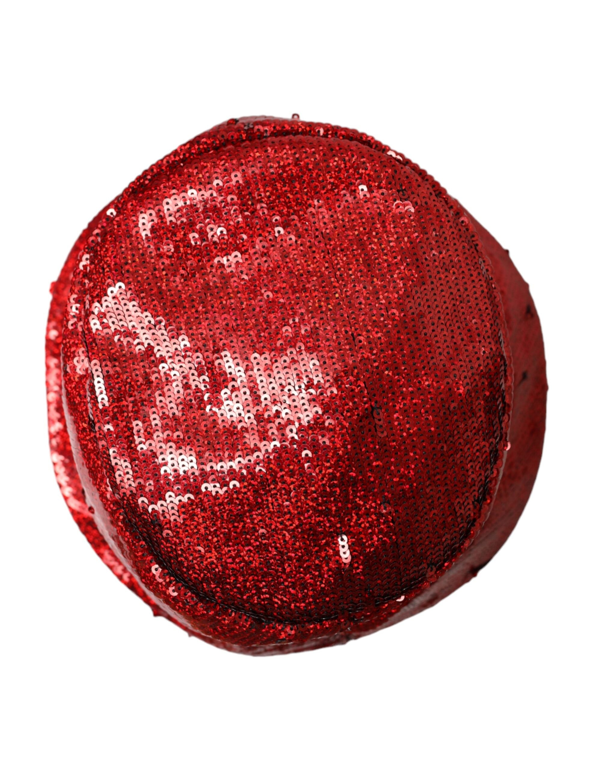 Red sequined nylon bucket hat for men by Dolce & Gabbana, featuring a stylish, shiny sequined finish and a casual bucket hat design.