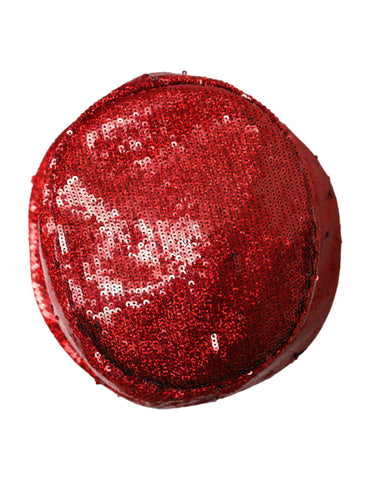 Red sequined nylon bucket hat for men by Dolce & Gabbana, featuring a stylish, shiny sequined finish and a casual bucket hat design.