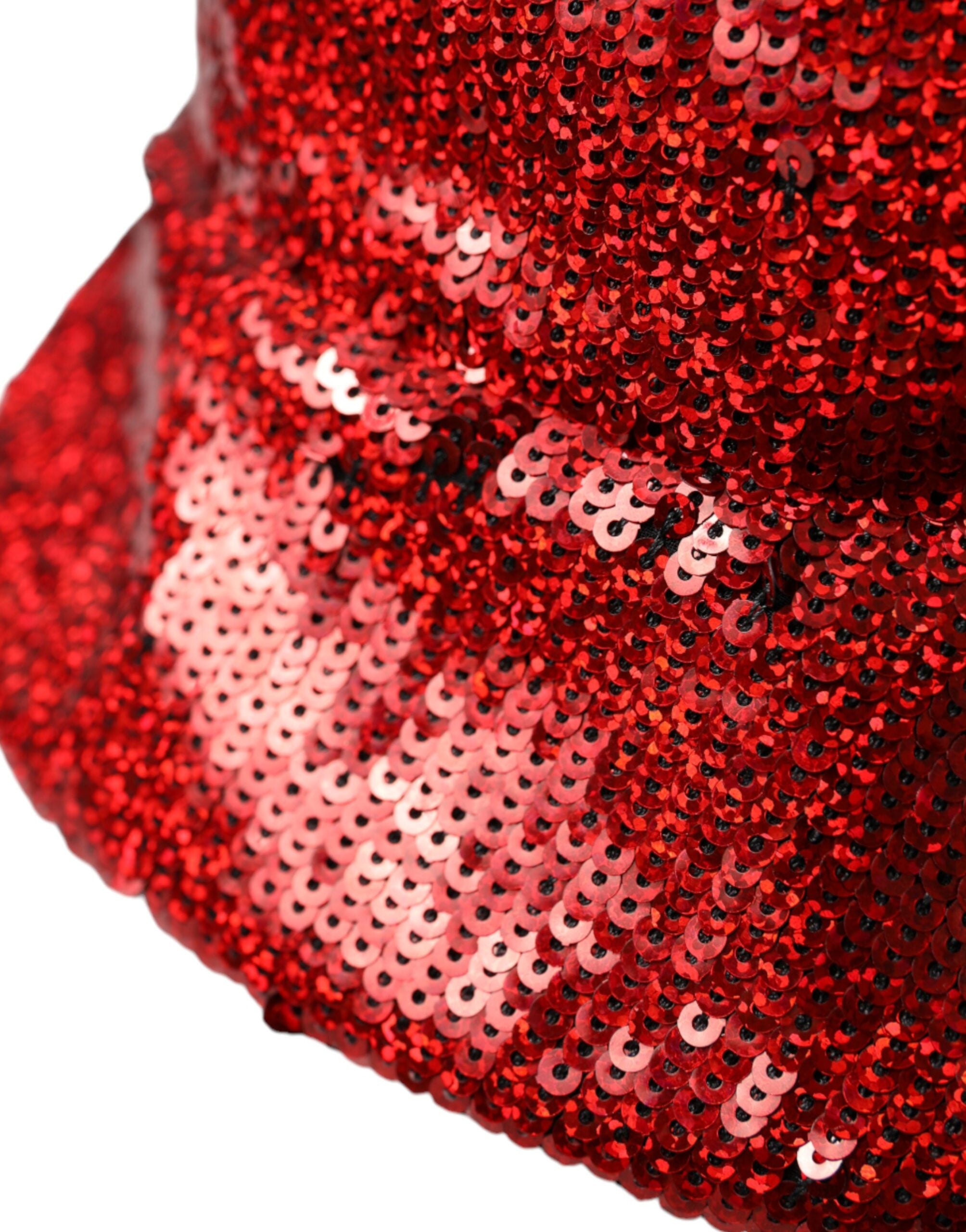 Red sequined nylon bucket hat for men by Dolce & Gabbana, featuring a stylish, shiny sequined finish and wide brim.