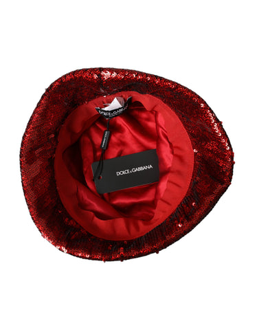 Red sequined nylon bucket hat for men by Dolce & Gabbana, featuring a stylish, shiny sequined design and casual bucket hat shape.