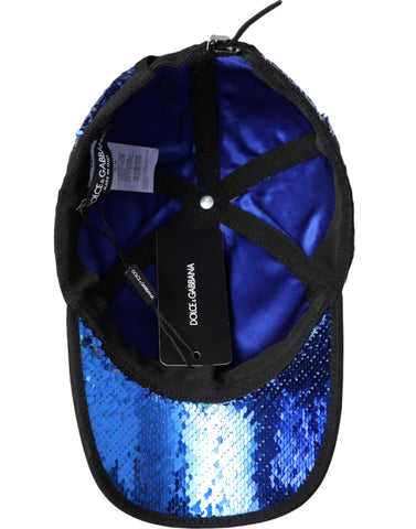 Royal blue sequin baseball hat for men by Dolce & Gabbana, featuring a stylish curved brim and eye-catching sequin embellishments.