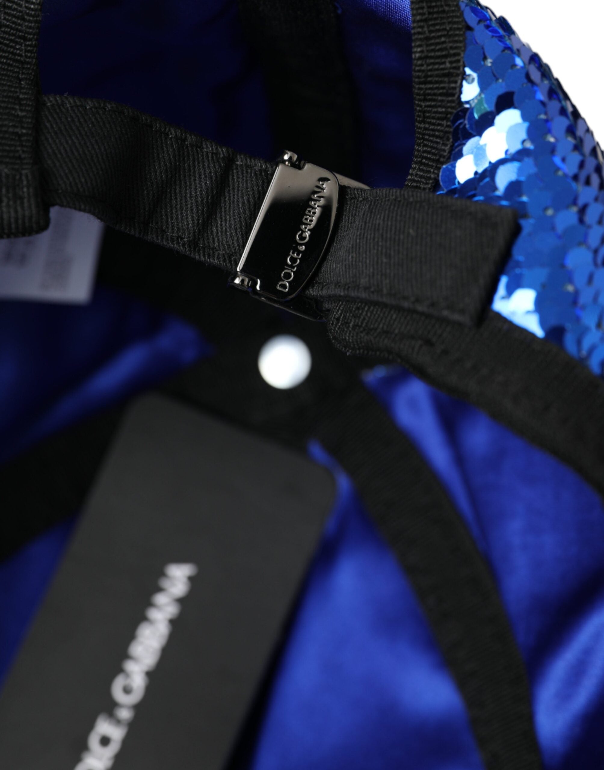 Dolce & Gabbana royal blue sequin baseball hat for men with a curved brim and embroidered details.