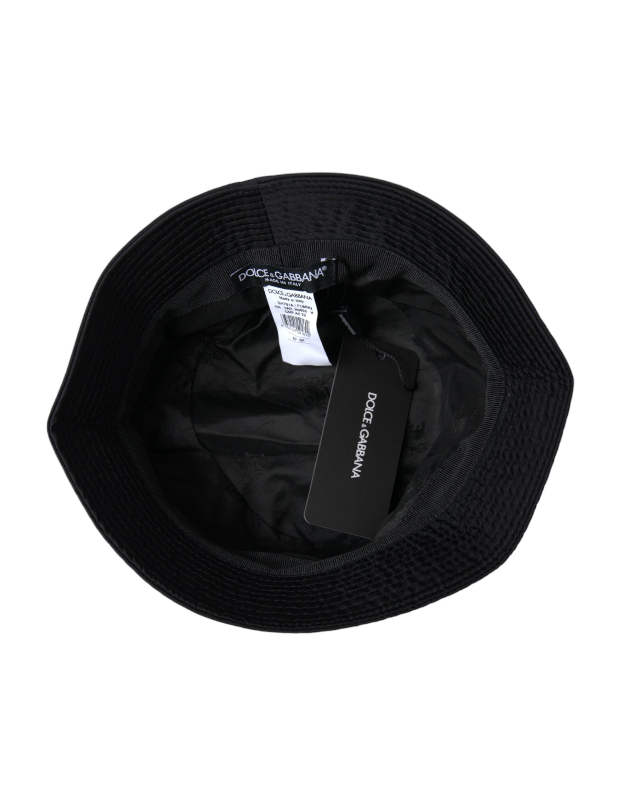 Black wide brim bucket hat for men by Dolce & Gabbana, featuring a stylish, oversized brim and classic design.