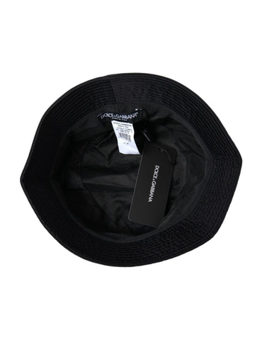 Black wide brim bucket hat for men by Dolce & Gabbana, featuring a stylish, oversized brim and classic design.