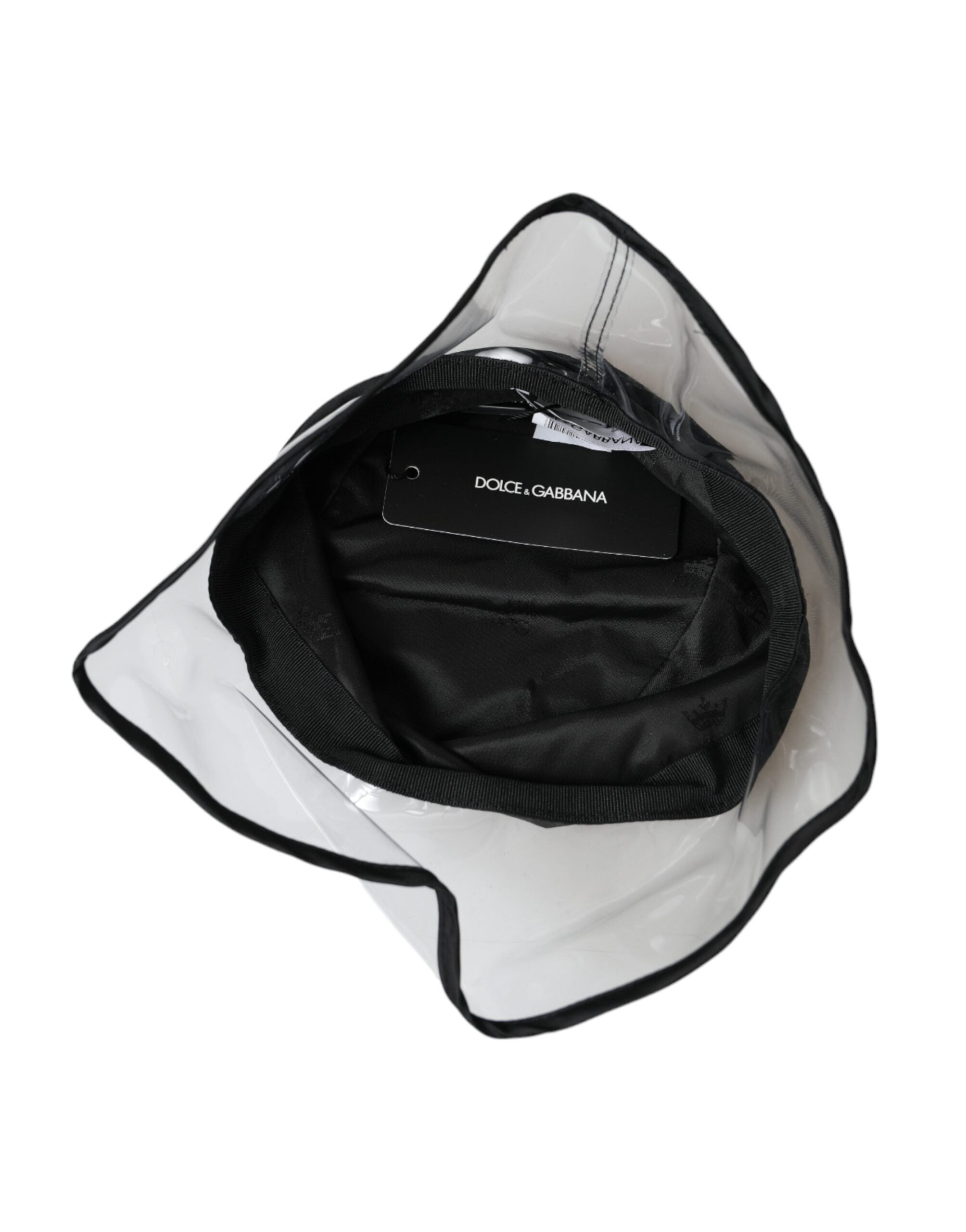Black polyester plastic bucket hat for men by Dolce & Gabbana, shown resting on a flat surface.