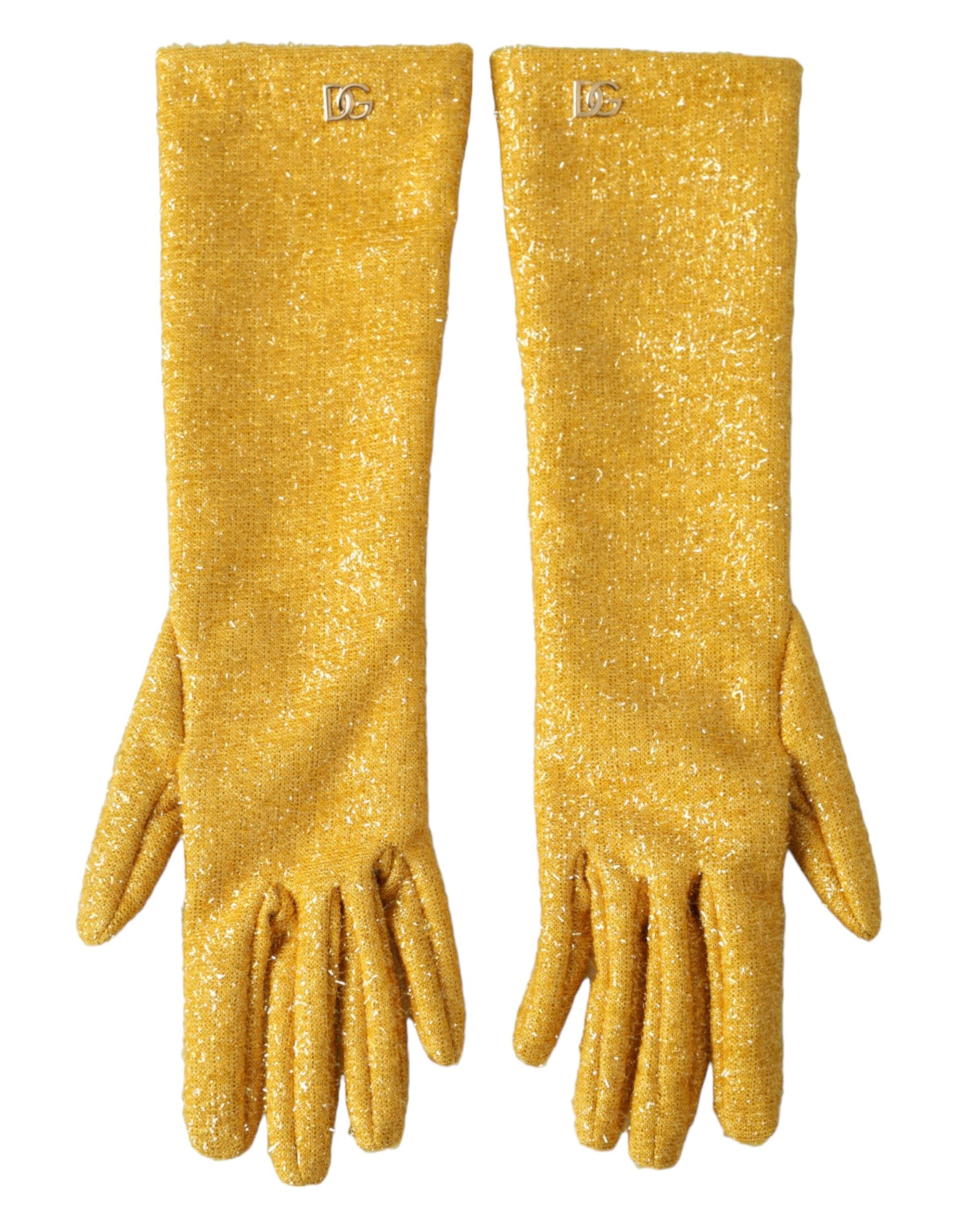 Gold Lurex Fantasia mid-arm length gloves by Dolce & Gabbana with shimmering metallic fabric and elegant fit.