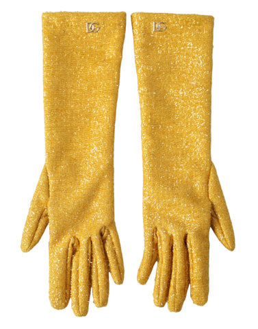 Gold Lurex Fantasia mid-arm length gloves by Dolce & Gabbana with shimmering metallic fabric and elegant fit.