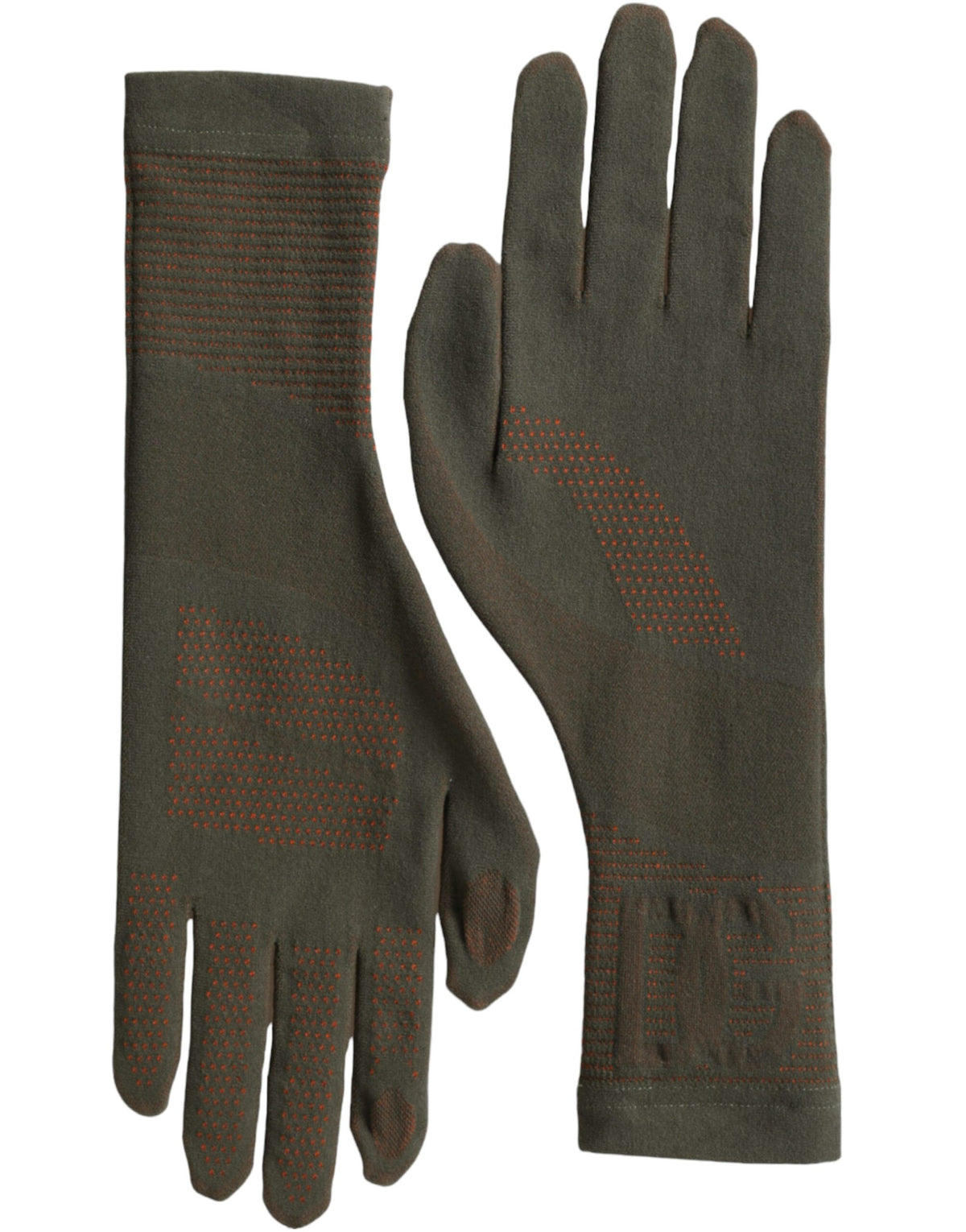 Brown cotton stretch wrist-length gloves by Dolce & Gabbana, close-up showing soft fabric and snug fit.