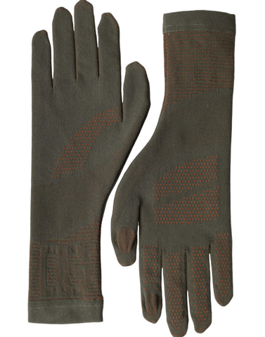 Brown cotton stretch wrist-length gloves by Dolce & Gabbana, shown in close-up detail.