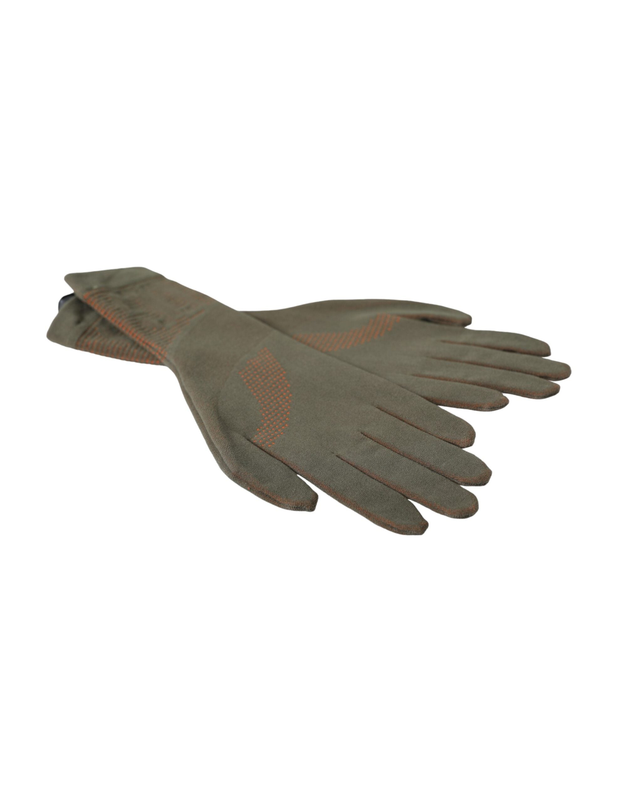 Brown cotton stretch wrist-length gloves by Dolce & Gabbana, close-up showing soft fabric and fitted design.