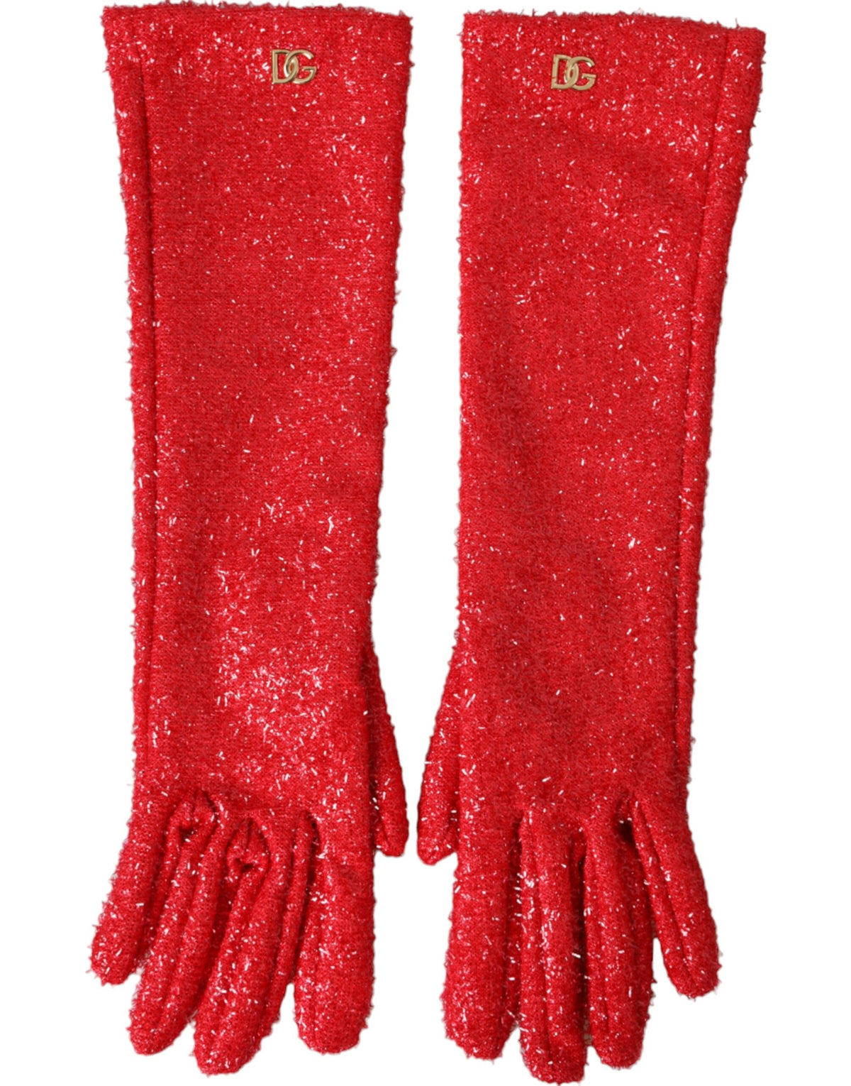 Red Lurex Fantasia mid-arm length gloves by Dolce & Gabbana with shiny, textured fabric and elegant fit.