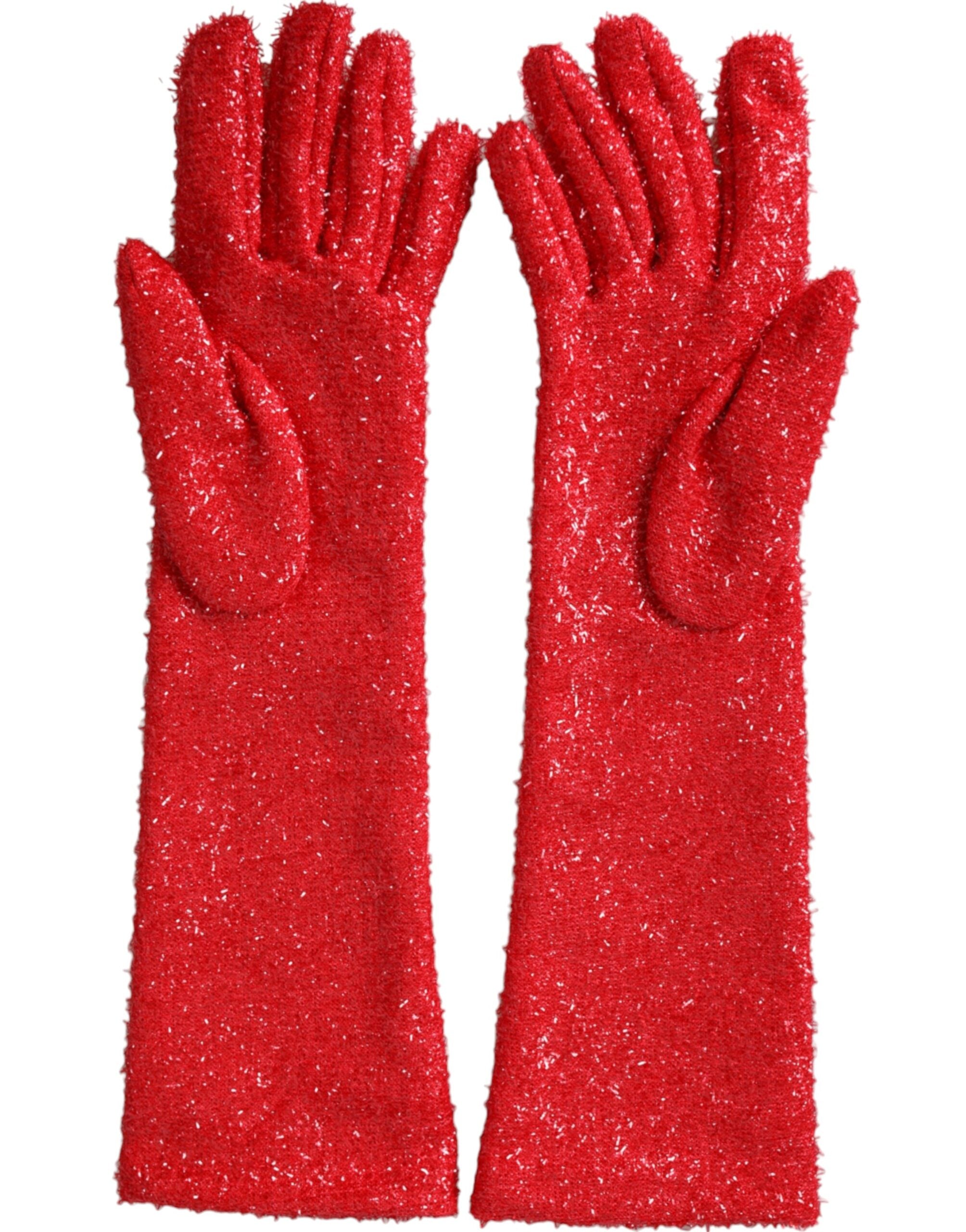 Red Lurex Fantasia mid-arm length gloves by Dolce & Gabbana with shimmering fabric and elegant fit.