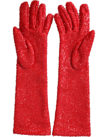 Red Lurex Fantasia mid-arm length gloves by Dolce & Gabbana with shimmering fabric and elegant fit.