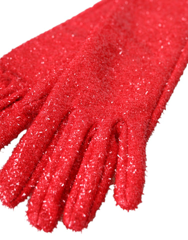 Red Lurex Fantasia mid-arm length gloves by Dolce & Gabbana, featuring shimmering fabric and elegant fit.