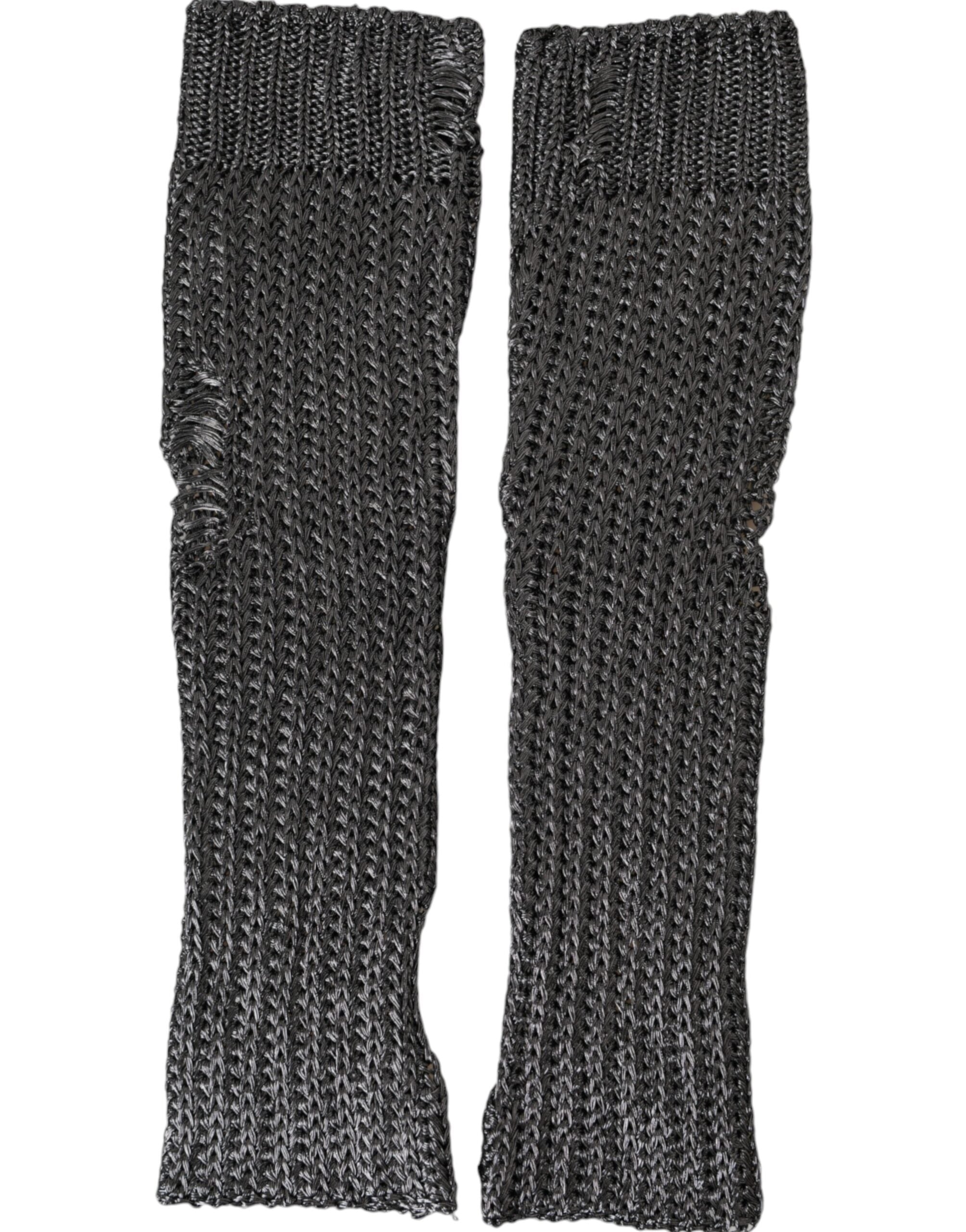 Gray viscose knitted fingerless gloves by Dolce & Gabbana, close-up showing textured fabric and stylish design.