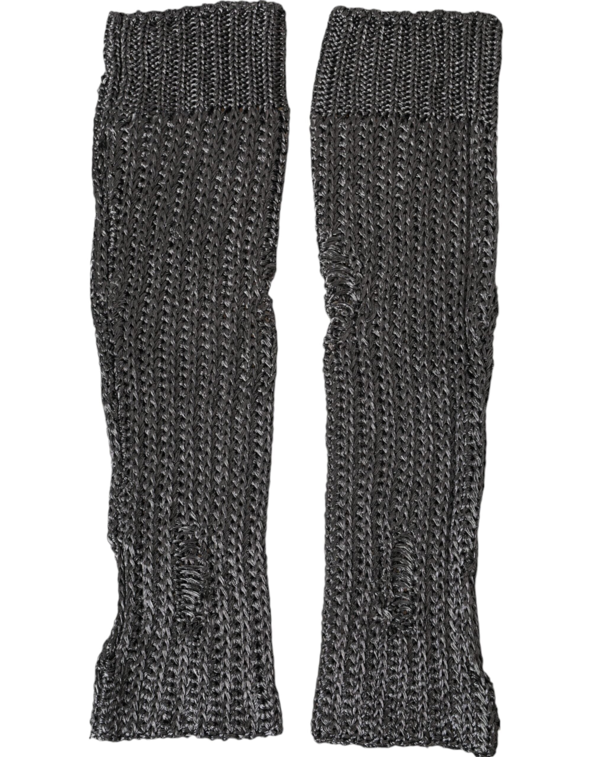 Gray viscose knitted fingerless gloves by Dolce & Gabbana, showing a close-up of the textured fabric and stylish design.