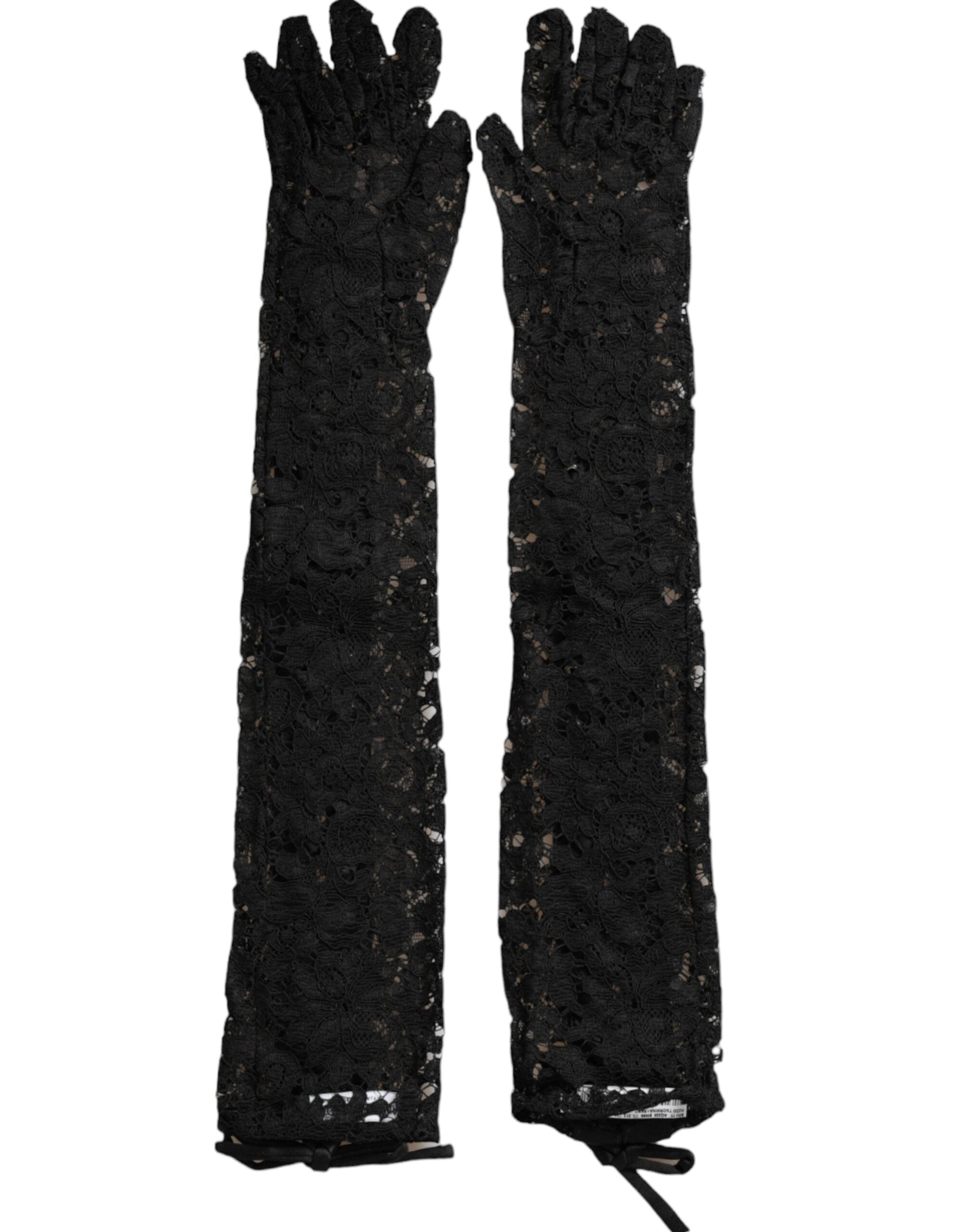 Black Taormina lace elbow-length gloves by Dolce & Gabbana, featuring intricate lace design and elegant fit.
