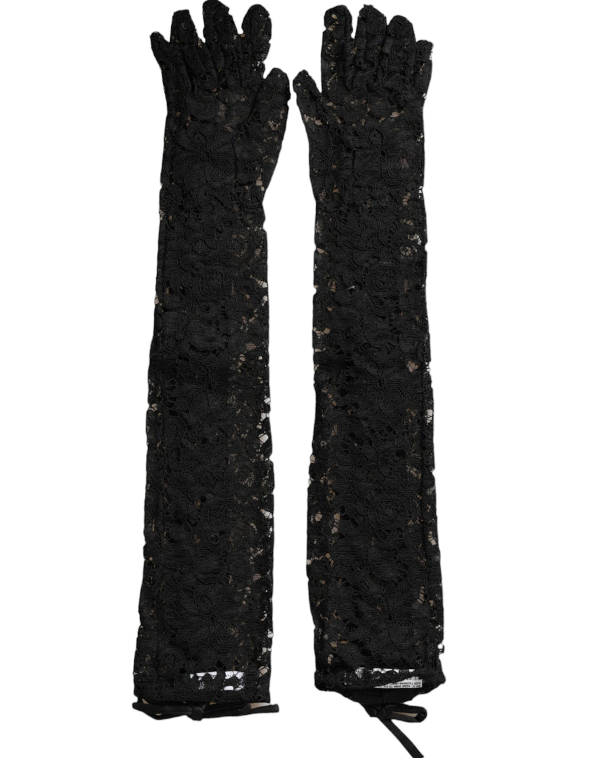 Black Taormina lace elbow-length gloves by Dolce & Gabbana, featuring intricate lace design and elegant fit.