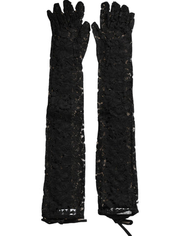Black Taormina lace elbow-length gloves by Dolce & Gabbana, featuring intricate lace design and elegant fit.