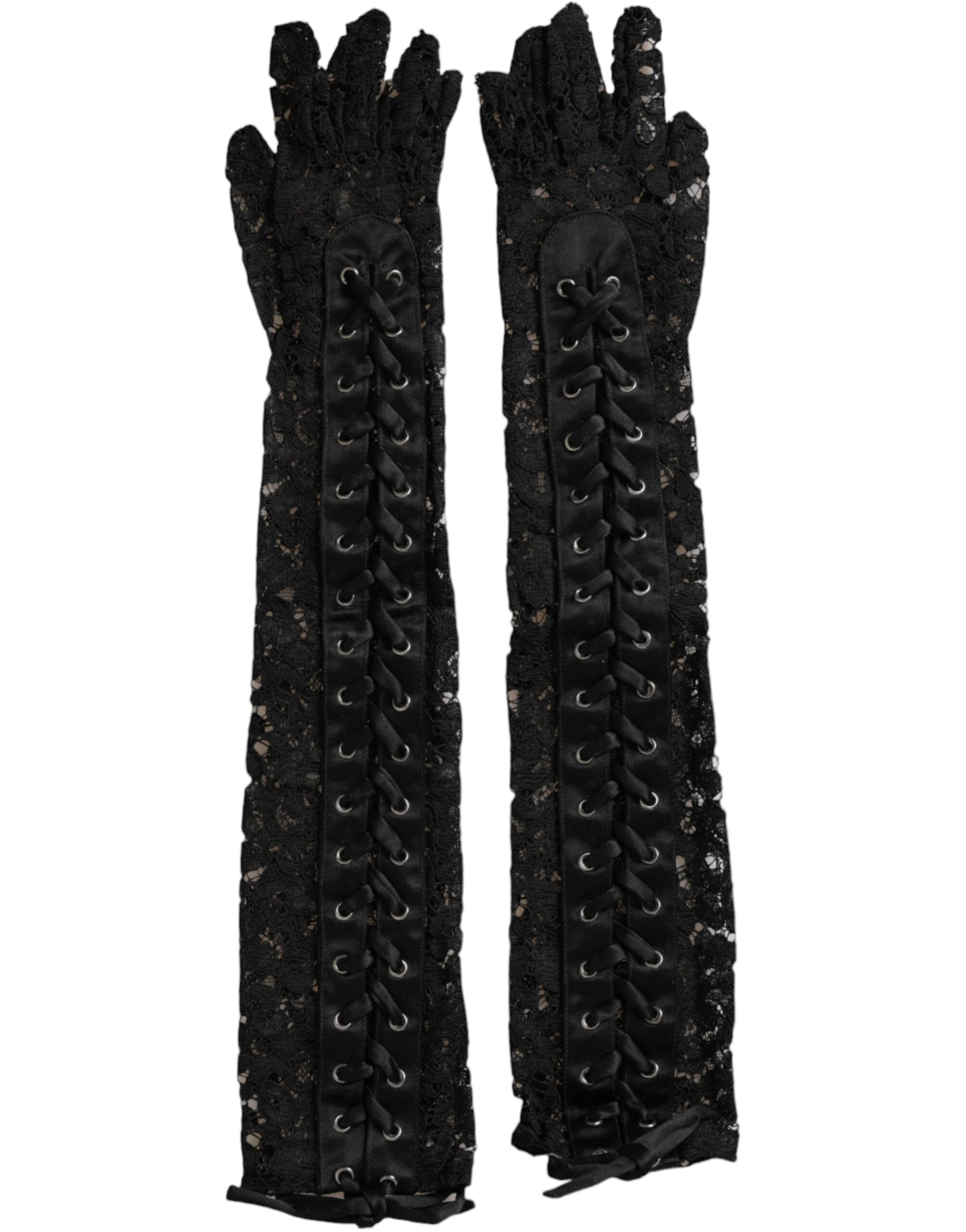 Black Taormina lace elbow-length gloves by Dolce & Gabbana, featuring intricate lace detail and a fitted design.
