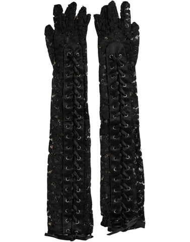 Black Taormina lace elbow-length gloves by Dolce & Gabbana, featuring intricate lace detail and a fitted design.